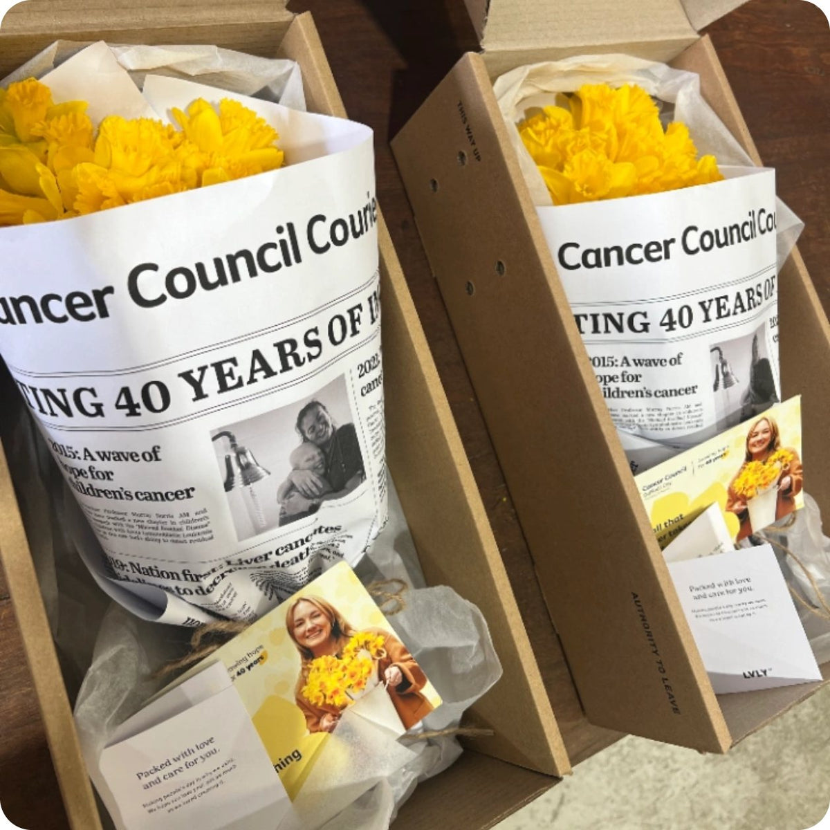 Daffodils in custom Cancer Council newspaper wrap