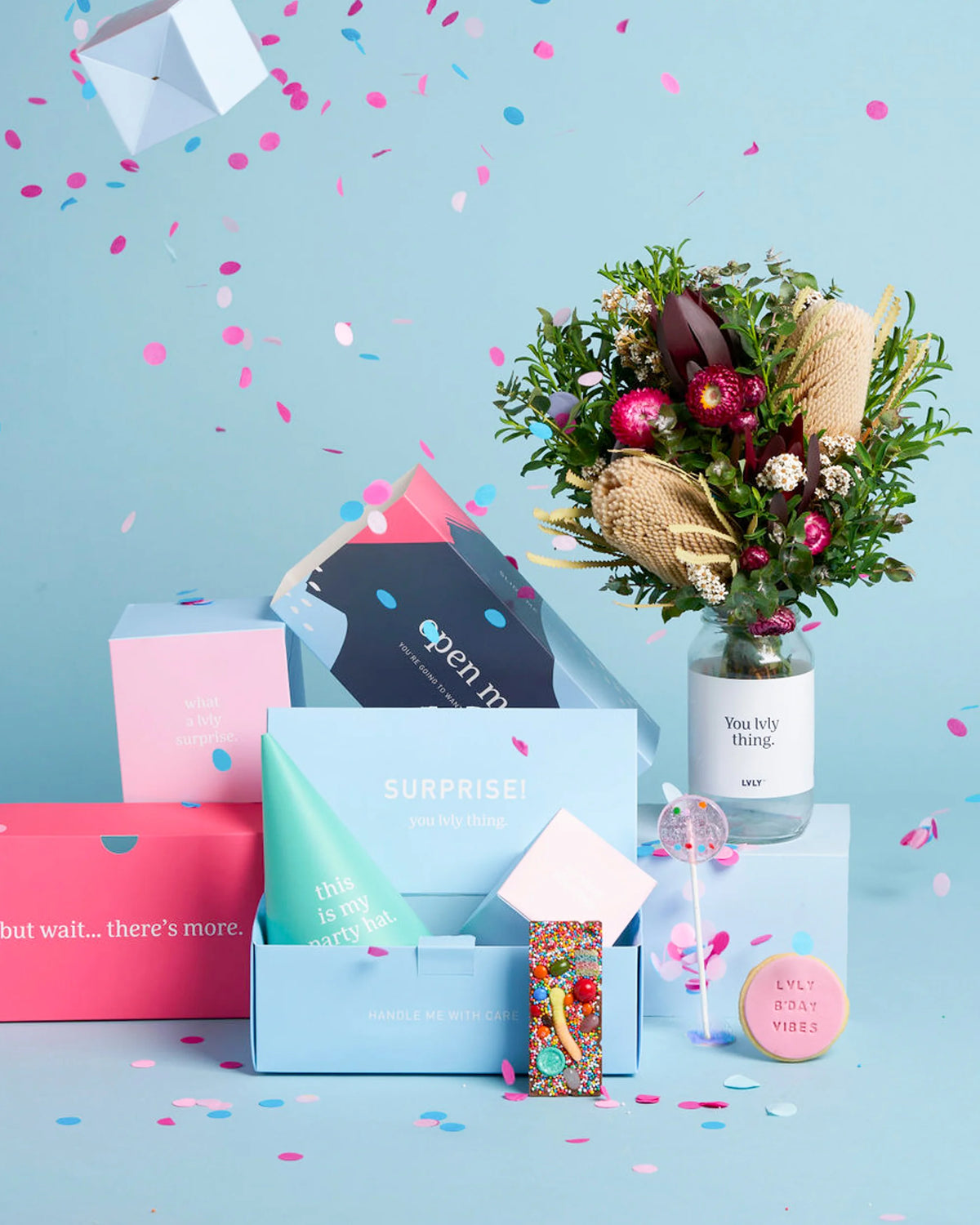 B’Day Vibes Explosion Box + Native Posy