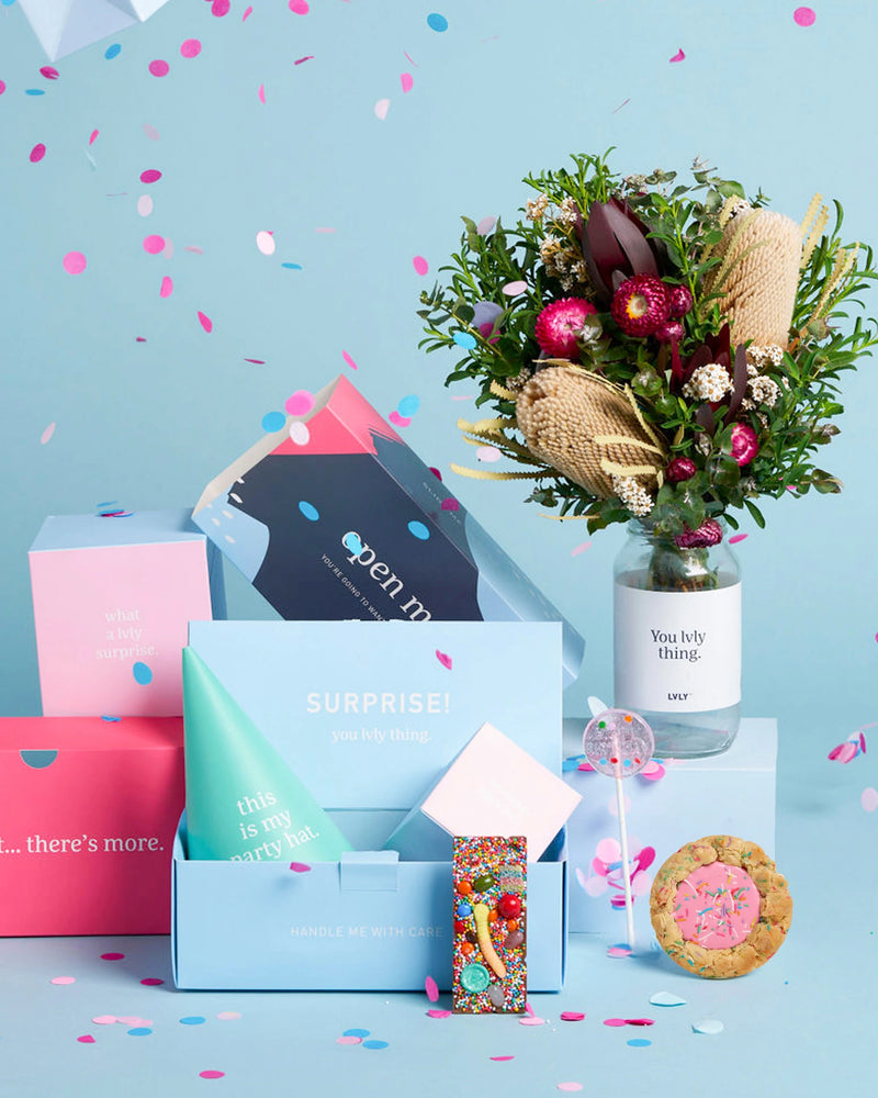 B’Day Vibes Explosion Box + Native Posy
