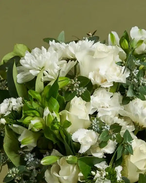 White Sympathy Flowers + Vase