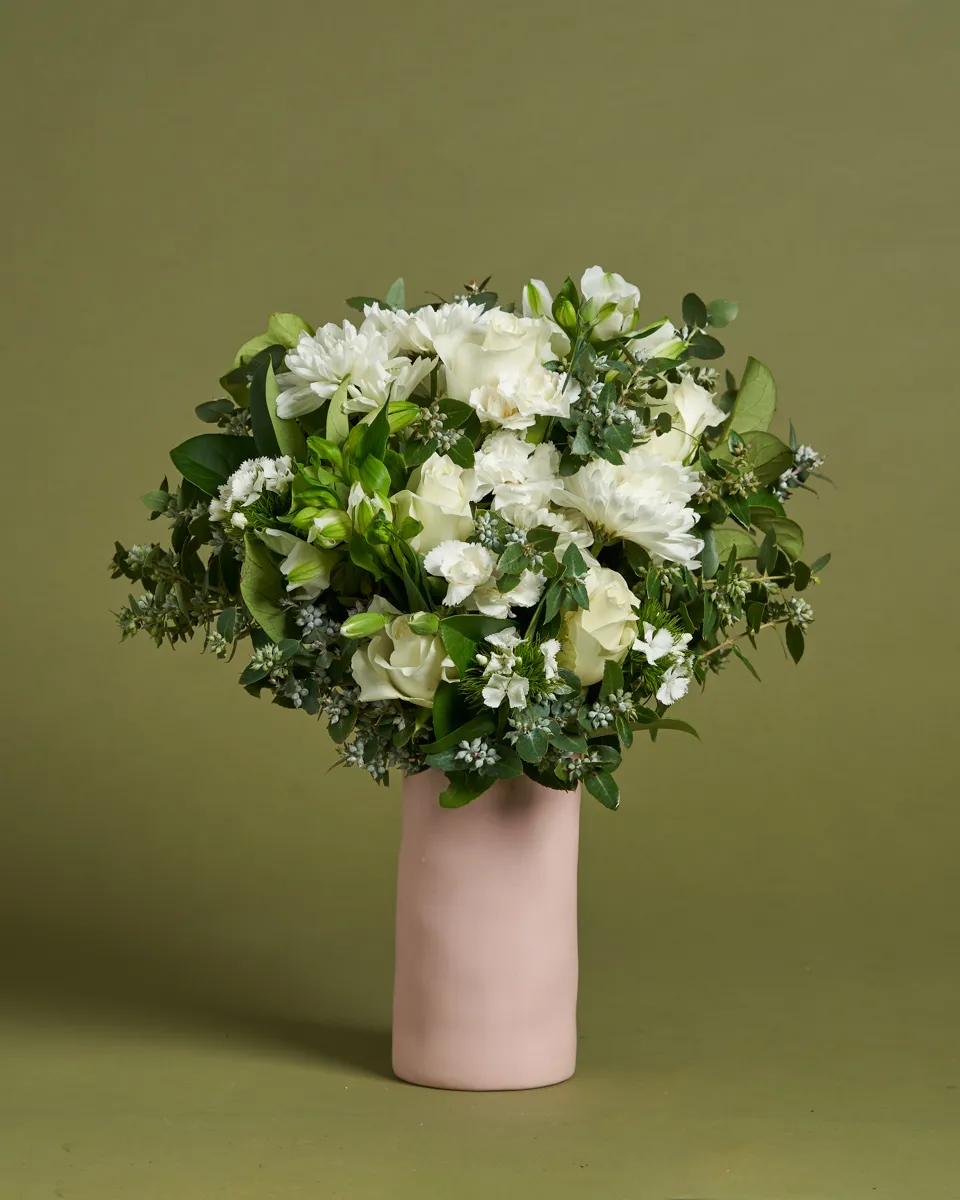 White Sympathy Flowers + Vase