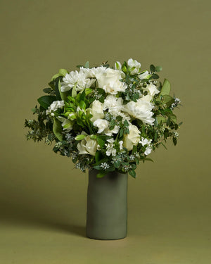 White Sympathy Flowers + Vase