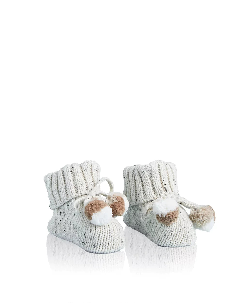 Knitted Pom Pom Baby Booties - Oatmeal Fleck (0-6M)